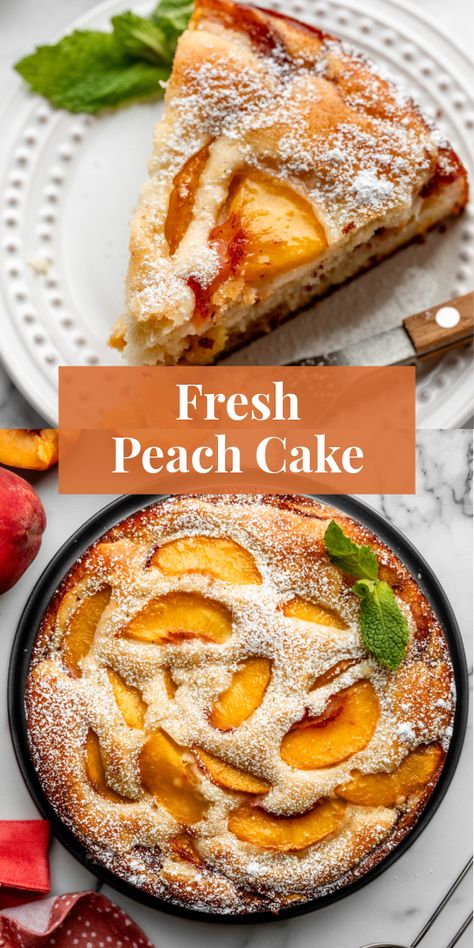 Try this easy recipe for fresh peach cake when peaches are in season. Soft & tender with a light sugar topping and 2 layers of juicy peaches. #summerdesserts #peach #cake Fresh Peach Cake, Peach Pound Cake, Peach Cake Recipes, Peach Pound Cakes, Peach Dessert Recipes, Soft Cake, Cake Mug, Peach Desserts, Peach Cake