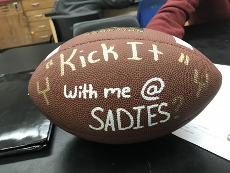 Kicker Sadie’s proposal 🏈 Sadie’s Proposals Football, Sadie Hawkins Proposals Football, Football Sadies Proposal, Football Dance Proposal, Sadie Hopkins Proposal, Saides Proposals Cute, Home Coming Proposals, Sadie's Proposals, Proposal Sign Ideas