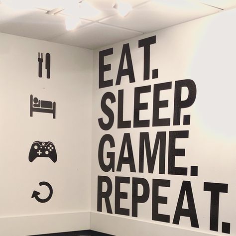 Vinyl decals. Wallpaper. Gaming decor. Words on walls. Game room. Eat Sleep Game Repeat, Game Zone, Decal Ideas, Room Decals, Gamer Room, Winner Winner Chicken Dinner, Game Food, Eat Sleep, Room Wall Decor