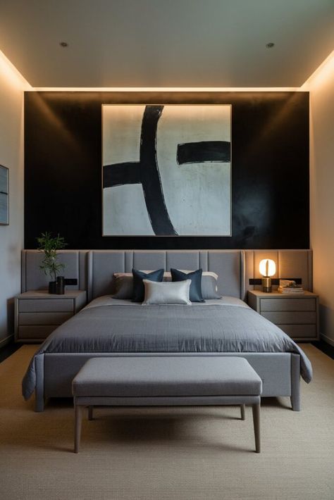 12 Bedrooms with Black Accent Walls: Sleek, Elegant Designs for a Contemporary Look - My Decor Inspo Kitchen With Peninsula, Black Accent Wall, Burgundy Curtains, Tuscan Bathroom, Black Accent Walls, Architecture Bathroom, Satin Bedding, Modern Farmhouse Living Room, Wall Bedroom