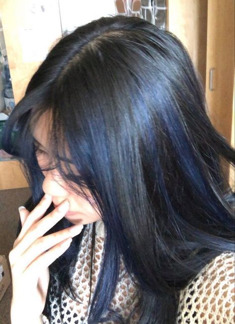 Navy Dyed Hair, Black Hair Blue Highlights Long, Ashy Blue Highlights, Navy Hair Highlights, Brown Blue Hair Color, Dark Hair With Dark Blue Highlights, Dyed Hair On Black Hair, Navy Blue Highlights In Black Hair, Blue Hair On Black Hair