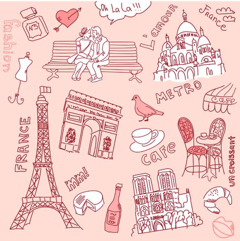 Hand drawn Valentine Decoration vector Illustration 03 Monuments Drawing, Paris Doodles, French Monuments, Love In Paris, Valentine Decoration, Hand Draw, Paris Paris, Oui Oui, Paris Travel