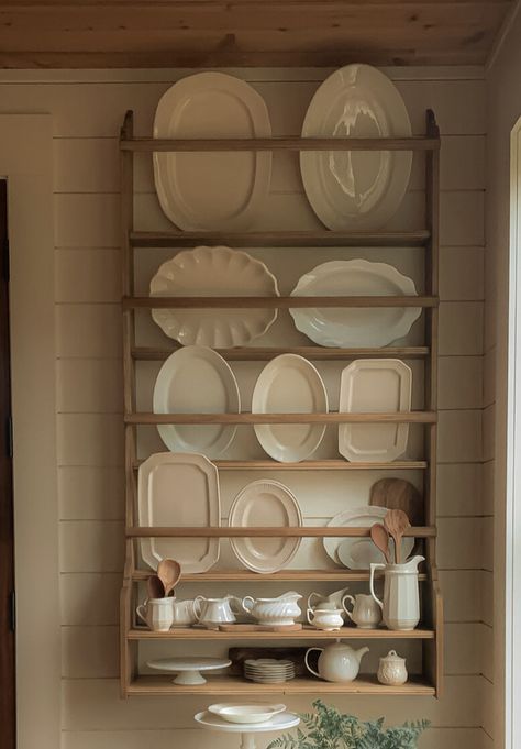 Wooden Plate Display Rack, Open Plate Storage, Large Plate Rack, Vintage Shelves Kitchen, Plate Rail Wall, Kitchen Plate Racks Open Shelving, Dish Wall Rack, Wall China Display, Corner Plate Rack