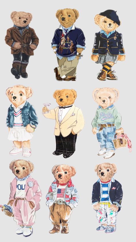 Polo Bear Ralph Lauren, Look Wallpaper, Bear Outfits, Arte Inspo, Polo Bear, Bear Wallpaper, 로고 디자인, Teddy Bears, Wall Collage