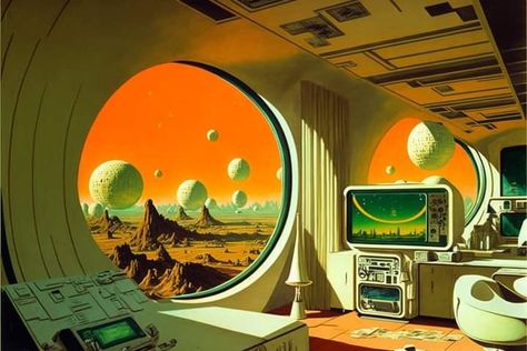 Vintage Space Art, Vintage Futurism, Sci Fi Aesthetic, Futurism Art, 70s Sci Fi Art, Scifi Fantasy Art, Futuristic Interior, Arte Cyberpunk, Futuristic Art