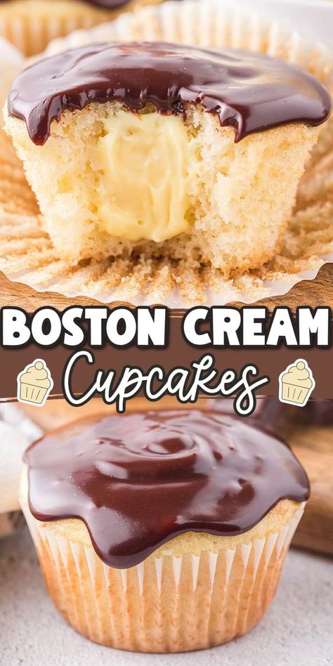 Boston Cream Pie Bundt Cake, Boston Cream Pie Muffins, Easy Mini Boston Cream Pies, Boston Creme Cupcake, Individual Boston Cream Pie, Boston Creme Filling, Best Tasting Cupcakes, Boston Crème Cake, Custard Filled Cupcakes