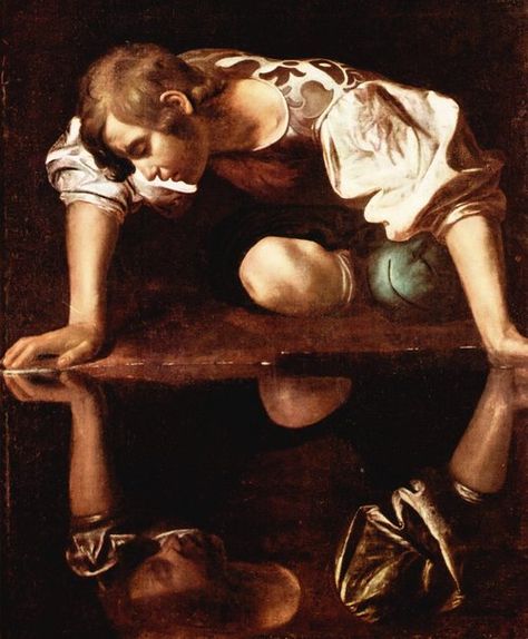 Narcissus by Michelangelo Merisi da Caravaggio Michelangelo Caravaggio, Istoria Artei, Baroque Painting, Baroque Art, Italian Painters, Foto Art, Caravaggio, Personality Disorder, Chiaroscuro