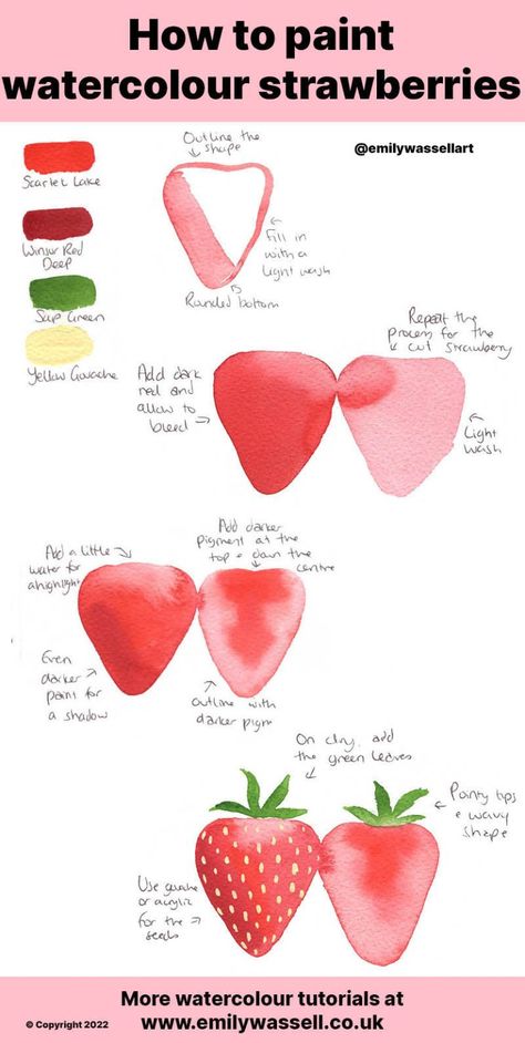 Water Colour Strawberry, Step By Step Fruit Painting, Watercolour Painting Strawberries, Watercolour Fruits Painting, Watercolor Paintings Strawberry, Starter Watercolor Ideas, Strawberry Watercolour Painting, How To Shade With Watercolor, Cute Things To Paint Watercolor