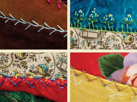 Stitches for a Crazy Quilt | PieceWork Crazy Quilt Templates, Crazy Quilt Tutorials, Embroidery Journal, Patchwork Cushions, Crazy Quilt Embroidery, Couching Stitch, Hand Stitching Techniques, Hand Quilting Patterns, Basic Hand Embroidery