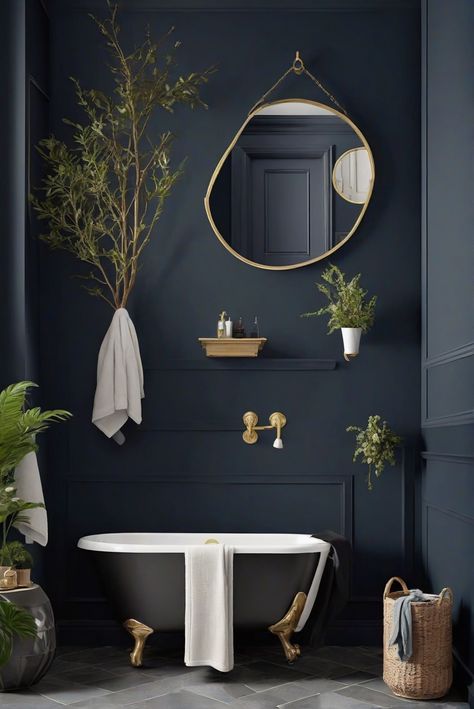 home decor interior design, home interior design, kitchen designs, interior bedroom design Behr Paint Bathroom Ideas, Bathroom With Dark Blue Walls, Dark Blue Wall Bathroom, Blue Ensuite Bathroom Ideas, Dark Paint For Bathroom, Dark Trim Bathroom, Dark Painted Bathroom Walls, Half Bathroom Dark Walls, Moody Navy Bathroom