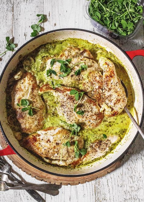 This Quick and Easy Creamy Pesto Chicken takes less than 30 minutes to make, and is such a crowd pleaser. Chicken cutlets simmer in a simple pesto cream sauce that is fortified with white wine, chicken stock and fresh sweet onion. Simple, and perfect for a busy weeknight. Grab this great one-on chicken recipe over on the blog. #onepanmeal #chickenskillet #pesto #pestochicken Chicken With Pesto Sauce, Fresh Pesto Recipe, Creamy Pesto Chicken, Coconut Curry Shrimp, Creamy Pesto Sauce, Roasted Radishes, Steak And Mushrooms, Creamy Pesto, Fennel Salad