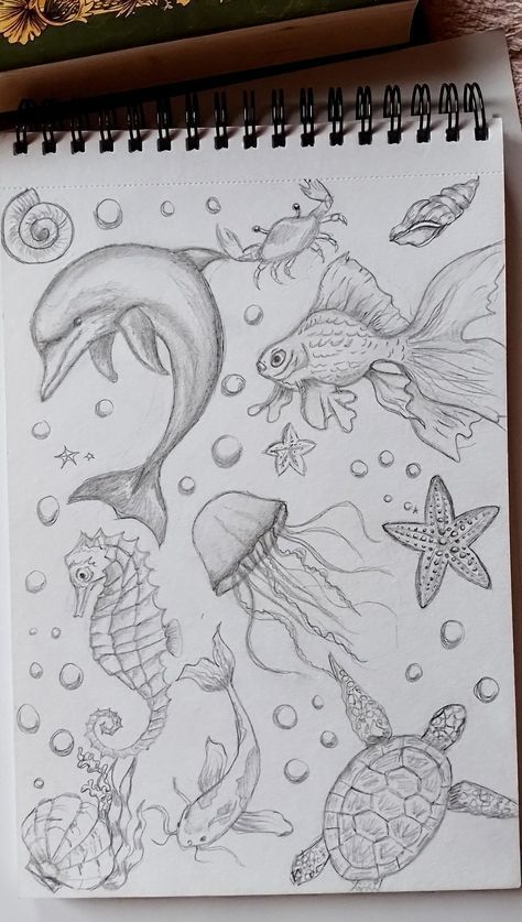 Depth Drawing Ideas, Drawing Ideas Sea, Sea Animals Painting, Ocean Drawing Ideas, Sea Animal Drawings, Ocean Sketches, Sea Animals Drawing, Ocean Sketch, Ocean Drawings