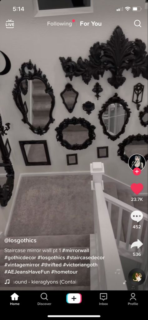 Goth Entryway, Mirror Stairway Wall, Goth Staircase, Gothic Gallery Wall Ideas, Gothic Staircase, Gothic Mirror Wall, Gothic Wall Gallery, Stairway Pictures, Goth Mirror Wall