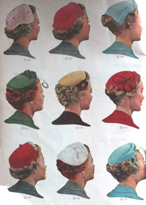 1955 Juliette caps frame the crown but leave the short hairstyles exposed Cabelo Pin Up, Mode Rockabilly, 1950s Hats, 1950s Hat, Popular Hats, Veiled Hats, Vintage Fashion 1950s, Womens Hats, Look Retro