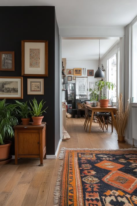 Mid Century Modern Living Room Black, Boho Moody Living Room, Dark Floors Living Room, Mcm Boho Living Room, Dark Boho Aesthetic, Moody Boho Living Room, Ottawa House, Dark Floor Living Room, Dark Boho Decor