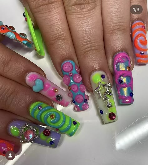 90s Nail Art Design, Wacky Nail Designs, 90s Theme Nails, Carribean Nails, Tacky Nails, Bright Colored Nails, Nail Art Colorful, Crazy Nail Art, Hearts And Stars