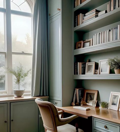 Best Sage Green Paint Colors Serene Green Paint, Sage Blue Paint Color, Sage Green Library Aesthetic, Green Color Drenched Office, Light Green Office Ideas, Sage Green Bookcase, Sage Green Library, Light Green Home Office, Warm Sage Green Paint Colors