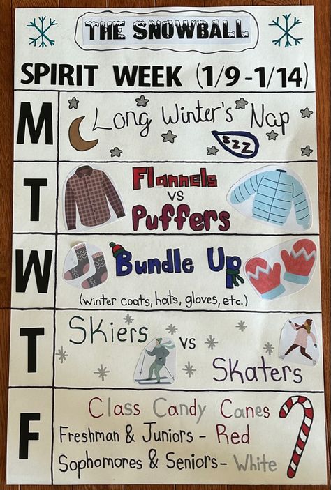 Spirit Themes High Schools, Frat Vs Farmer Spirit Week, Spirit Day Posters, School Spirit Week Ideas Highschool, Fall Spirit Week Ideas, Spirit Week Poster Ideas, Winter Spirit Week Ideas, Spirit Week Posters, Hoco Spirit Week Ideas