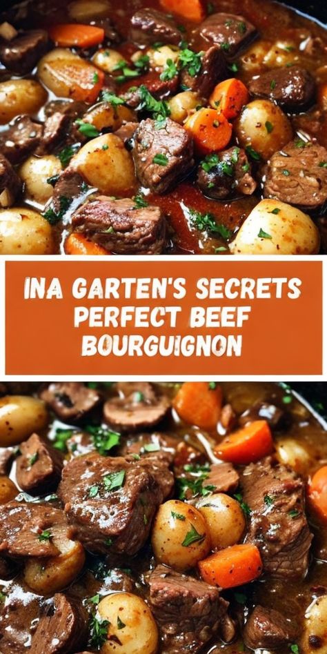 Savor Ina Garten’s Classic Beef Bourguignon: a rich, savory stew that's perfect for cozy nights! Elevate your dining with this French classic. #BeefBourguignon #InaGarten #FrenchCuisine #CozyMeals #ComfortFood Ina's Beef Bourguignon, Barefoot Contessa Beef Bourguignon, Ina Beef Bourguignon, Ina Garten's Beef Bourguignon, Beef Bourguignon Stovetop, Beef Bourguignon Dutch Oven, Ina Garten Beef Bourguignon, Crockpot Beef Bourguignon, Beef Bourginon