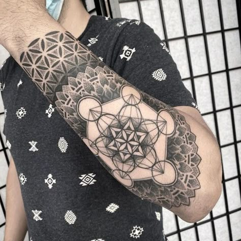 Flower Of Life Meaning, Cube Tattoo, Tattoos About Growth, Flower Of Life Tattoo, Tattoo Sleeve Filler, Geometric Sleeve Tattoo, Tattoo Filler, Sacred Geometry Tattoo, Geometry Tattoo