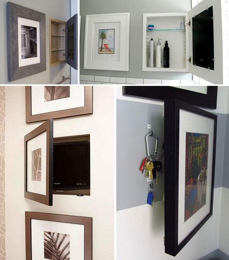 Hidden storage behind wall art Hidden Locker, Hidden Utility, Wall Nook, Hidden Storage Ideas, Bedroom 2023, Hidden Cabinet, Hiding Ugly, False Wall, Hidden Shelf