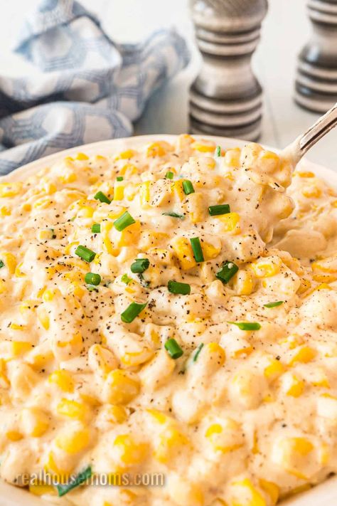 Toss together sweet corn, a blend of creamy cheeses, and the perfect spices in a crock pot to make everyone's favorite Crock Pot Creamed Corn! #Realhousemoms #crockpot #creamedcorn #bestcrockpotrecipes #sidedish #thanksgiving #christmas #easter Creamy Corn Casserole Crockpot, Creamer Corn Recipe, Crockpot Cream Corn With Cream Cheese, Cream Corn Crockpot Slow Cooker, Thanksgiving Corn Recipes Crock Pot, Crockpot Corn Recipes Slow Cooker, Sweet Corn Crockpot Recipes, Crock Pot Creamed Corn, Crockpot Cream Cheese Corn