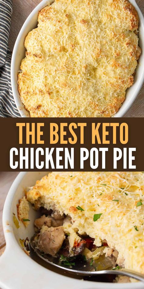 Keto chicken pot pie is the ultimate comfort food meal. With a creamy filling and a low-carb biscuit topping, it’s just like the classic but with a fraction of the carbs. Low Carb Chicken Pot Pie, Keto Chicken Pot Pie, Cheesy Biscuit, Chicken Pot Pie Casserole, Low Carb Low Fat Recipes, Low Carb Chicken Recipes, Best Low Carb Recipes, Keto Dinners, Low Carb Diet Recipes