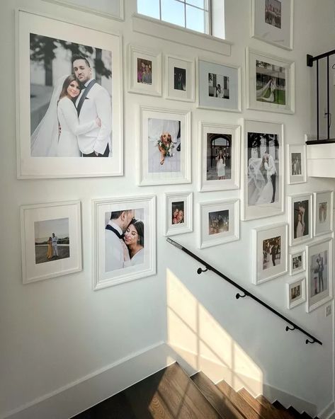 Picture Ideas For Stairway, Stairs Wall Photo Ideas, Pictures Down Stairwell, Stairwell Gallery Wall Ideas, Stairwell Photo Wall, Staircase Picture Wall, Stairway Photo Wall, Stairway Picture Wall, Stairwell Gallery Wall