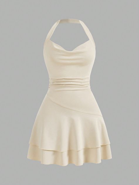 SHEIN MOD Knitted Halterneck Slim Fit Women's Bodycon DressI discovered amazing products on SHEIN.com, come check them out! High School Grad Outfits, Short Simple Dresses, Beige Dress Aesthetic, Beige Dress Short, Beige Outfit Ideas, Beige Dress Outfit, Beige Clothes, White Dress Short, Short White Dresses