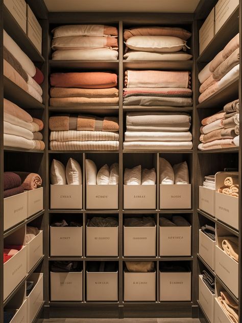 30 Linen Closet Organization Ideas – The DIY Desire Linen Organization Ideas, Closets Organization Ideas, Luxury Closet Organization, Linen Cupboard Design, Luxury Linen Closet, Laundry Room Organizing, Blanket Closet, Organizing Ideas For Clothes, Linen Closet Ideas