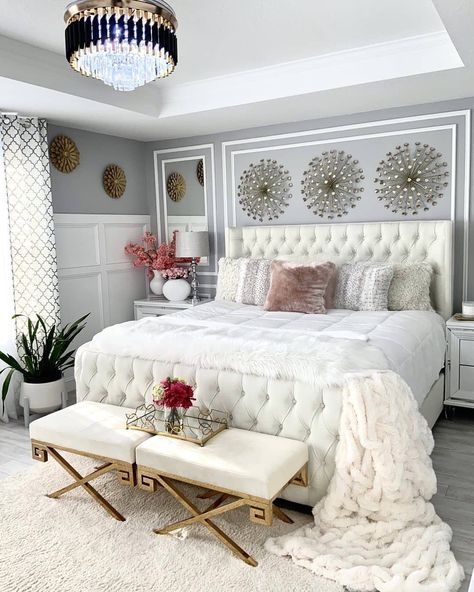 Classy Apartment Decor, Comfortable Bedroom Ideas, Bedroom Furniture Collections, White Lights Bedroom, Styling Bedroom, Tufted Bed Frame, Colorful Bedroom Decor, French Coastal, Gold Bedroom Decor