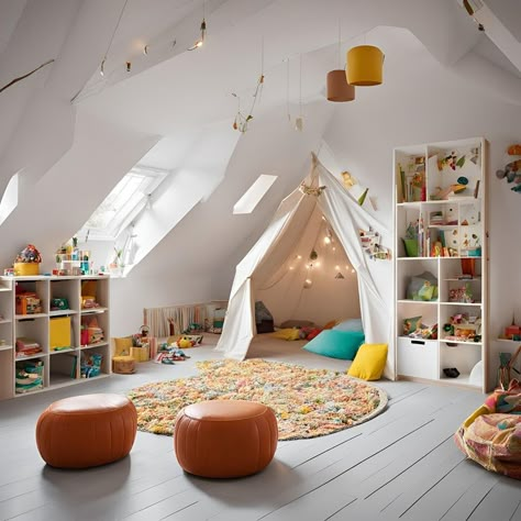 Cozy corner for reading and relaxing in this playroom! This playroom has it all: space for imaginative play, comfy spots for reading, and plenty of storage. What are your playroom must-haves? Let me know in the comments! #playroom #relaxingvibes #kidsdesign Reading Corner Playroom, Kids Attic Playroom, Cozy Playroom, Corner For Reading, Boys Room Colors, House Playroom, Modern Playroom, Play Corner, Attic Playroom