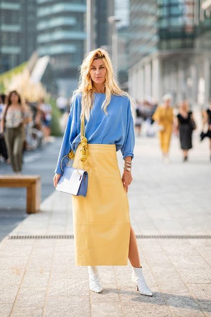 Blue And Yellow Outfit Ideas, Blue And Yellow Outfit, Yellow Outfit Ideas, Outfit Ideas For Church, Milan Fashion Week Street Style, Fashion Week 2018, Office Outfits Women, Braided Ponytail Hairstyles, Cool Looks