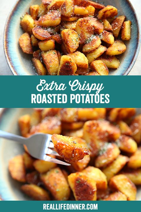 Extra Crispy Roasted Potatoes ~ https://reallifedinner.com 4 Ingredient Crispy Roasted Potatoes, The Best Crispy Roast Potatoes Ever, Extra Crispy Roasted Potatoes, Double Roasted Potatoes, Crispy Oven Roasted Potatoes Baking Soda, Buttery Roasted Potatoes, Small Oven Roasted Potatoes, Oven Roasted Crispy Potatoes, Extra Crispy Potatoes