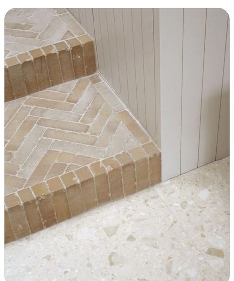 Tile Steps, Brick Steps, Tile Stairs, Herringbone Floor, Herringbone Tile, Brick Flooring, Georgian Homes, Brick Tiles, Flipping Houses