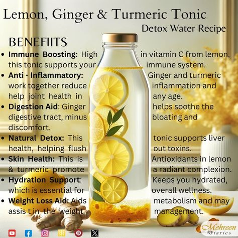 Tonic Water Benefits, Ginger Food, Lemon Ginger Turmeric, Turmeric Tonic, Digestive Cleanse, Detox Water Recipe, Inflammation Foods, Detox Tea Recipe, Anti Inflammation Recipes