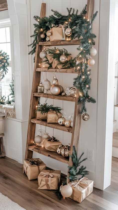 17+ Unique Christmas Ladder Tree Ideas to Inspire Your Holiday Decor - Evinco Design Ceiling Ladder Decor, Hanging Ladder Decor, Ladder Christmas Tree Ideas, Decorative Ladder Ideas, Ladder Tree, Christmas Ladder, Ladder Christmas Tree, Hanging Ladder, Cozy Christmas Living Room