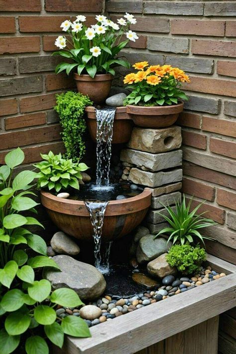 Outdoor Water Fountain Ideas, Water Fountain Ideas, Small Garden Waterfalls, Kolam Koi, Fountain Ideas, Taman Air, نباتات منزلية, Diy Garden Fountains, Garden Waterfall