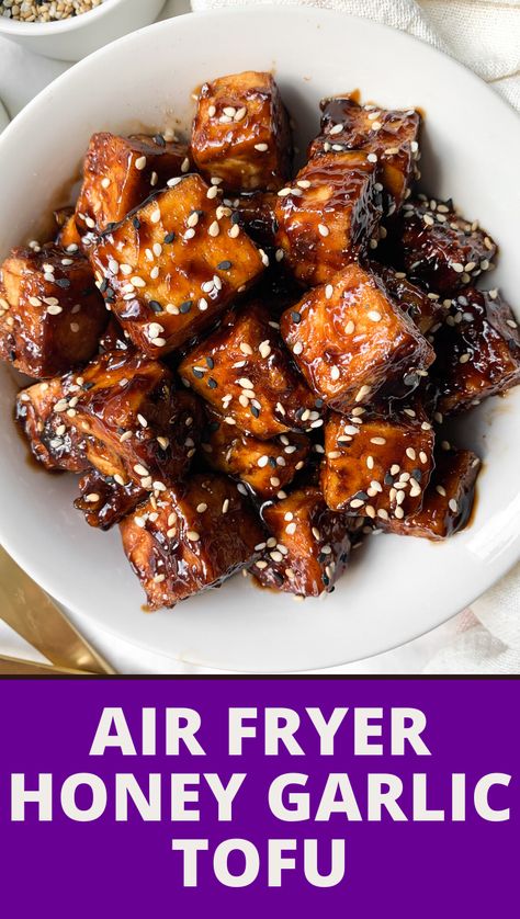 Crispy air fryer tofu is made to perfection every time, with less fat than the traditional method of deep-frying. In less than 20 minutes, you are tossing your air fryer tofu in a homemade honey garlic sauce that is balanced in flavor and totally satisfying. #AirFryer #Tofu #Healthy Honey Garlic Tofu, Homemade Honey Garlic Sauce, Air Fryer Tofu, Garlic Tofu, Tofu Recipes Healthy, Air Fryer Recipes Vegetarian, Thighs Chicken, Honey Garlic Sauce, Tofu Dishes