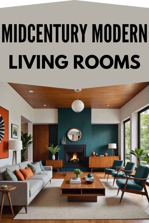 Embracing the Past: Midcentury Modern Living Room Inspirations - West Magnolia Charm Mid Century Modern Den Ideas, Contemporary Mcm Living Room, 1960s Living Room Mid Century, Mid Century Modern Pallet, Mid Century Modern Navy Living Room, Living Room With Cherry Wood Floors, Mcm Accent Wall Living Room, Mid Century Modern Feature Wall, Mid Century Modern Fireplace Decor