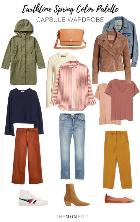 EARTH TONES: A SPRING CAPSULE WARDROBE 3 WAYS | For a Spring capsule wardrobe, earth tones form a perfectly muted palette we can get down with. 3 ways to sport color this season? We got 'em. #TheMomEditStyle #TheMomEditCapsuleWardrobe #SpringCapsuleWardrobe #EarthToneSpringOutfit #EarthToneColorPalette #SpringOutfitsWomen #SpringTrends2019 #MutedColorPalette #Monochromatic #SpringColors2019 #BlankNYC #Zappos #MotoJacketSpring #SpringAnkleBootsOutfit #SpringFlatsOutfit2019 #SpringSneakersOutfit Color Palette Capsule Wardrobe, Sneakers Outfit Spring, Warm Spring Outfits, True Spring Colors, Mom Edit, Light Denim Jacket, Muted Palette, Spring Color Palette, Spring Capsule