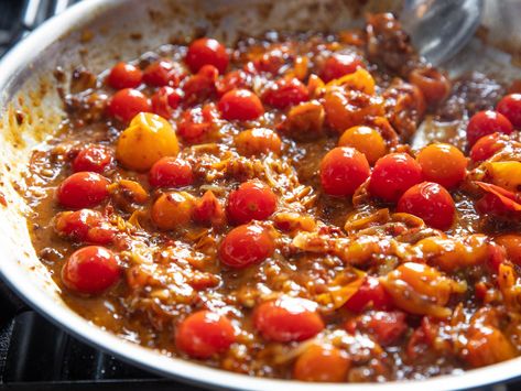 The Secret to a Better Burst-Tomato Pasta: XO Sauce | Serious Eats Burst Cherry Tomatoes, Burst Tomato, Corn And Tomato, Xo Sauce, Healthy Corn, Ray Peat, Cherry Tomato Sauce, Garden Tomatoes, Cherry Tomato Pasta