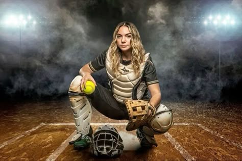 Catcher Photos Softball, Baseball Catcher Poses, Softball Photography Ideas, Softball Pictures Catcher, Softball Pitcher Pictures Poses, Catcher Softball Pictures, Softball Photoshoot Ideas Photo Shoot, Catcher Pictures Softball, Softball Senior Pictures Catcher