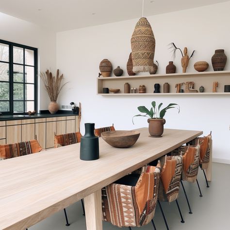 African Inspired Dining Room, Afro Scandinavian Interior, Afro Minimalist Decor, African Kitchen Design, Modern African Decor Living Rooms, African Dining Room, Afro Modern Decor, African Minimalism, Boho Terrace