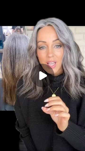 Naturally Grey Hair Transition, Cold Turkey Grey Hair, Growing Color Out Of Hair, Grey Hair Growing Out From Brown, Silver Transition Hair, Growing Out Your Gray Hair, Transition From Red To Grey Hair, Salt And Pepper Hair With Blonde Highlights, Auburn To Gray Hair Transition