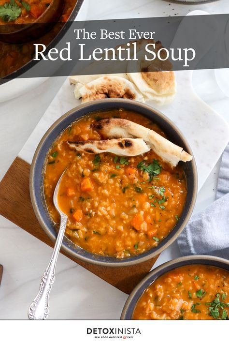 Red Lentil Soup is made with simple pantry ingredients & tastes like it came from a restaurant! It's a great source of plant-based protein, and makes an easy weeknight meal. Ovulating Phase, Soup Photos, Lentil Recipes Healthy, Red Lentil Recipes, Red Lentil Soup Recipe, Lentil Soup Recipe, Pantry Ingredients, Simple Pantry, Lentil Soup Recipes