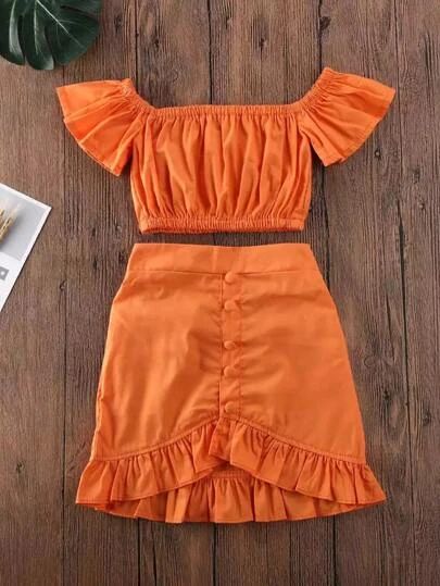 WishList | SHEIN A Line Skirt Outfits, Crop Tops For Kids, Orange Two Piece, Ruffle Skirts, Color Outfits, Crop Top Set, Off Shoulder Dresses, Off Shoulder Crop Top, Top Skirt Set