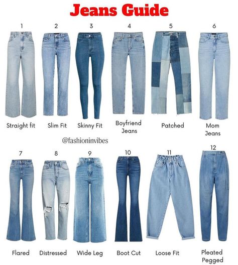 By: @fashion.selection on IG Jeans Names Women, Types Of Bottom Wear For Women, Different Jeans Name, Types Of Jeans Woman With Names, The Best Jeans For Women, Jeans Name For Women, Types Of Jeans Style, Jean Types Chart, Different Jeans Styles For Women