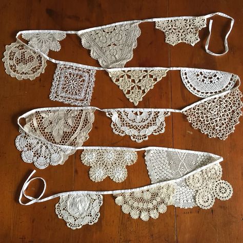 Lucy | Vintage doily bunting in off whites and creams. Length measures 4m long plus extra for tying. 18 vintage doilies in excellent condition!… | Instagram Doily Repurposed Ideas, Doily Garland Diy, Old Doilies Ideas, Vintage Doilies Repurposed, Vintage Decorating Ideas For Party, Lace Doilies Wedding, Doily Wall Art, Doily Garland, Doily Bunting