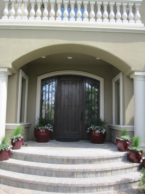 PorchLight Properties: East Bay Home - Front Entry Main Entry Stairs Design, Grand Front Porch Steps, Curved Steps To Front Door, Front Door Stairs Ideas, Stairs Outside House Front Entry, Main Entrance Steps Design, Front Door Steps Ideas Entrance Stairs, Front Yard Landscaping Ideas Modern, Design Tiles Floor